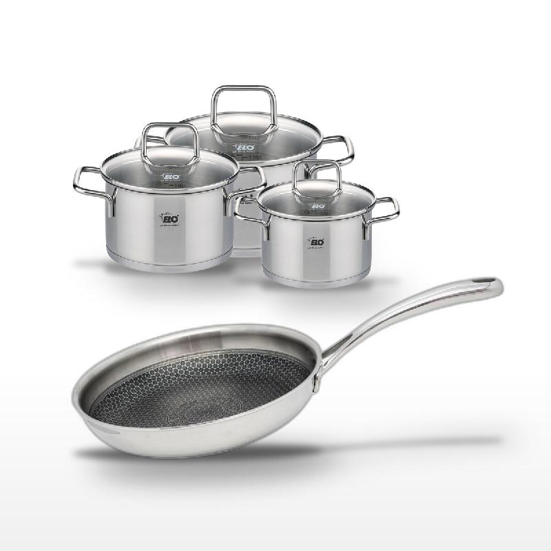 Lot Poêle 28cm Elo Relief Evolution & 3 Faitouts Elo Citrin - gris inox 3176239955231_0
