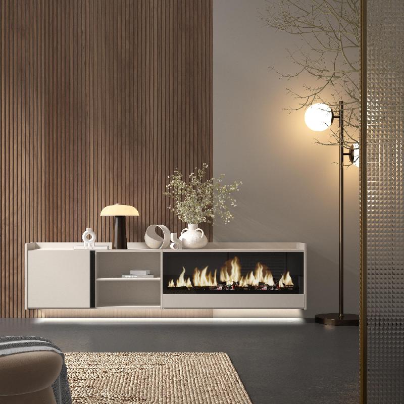 SKRAUT HOME - MEUBLE TV EFFET BOIS BEIGE 212X35X50CM CHEMINÉE EFFET FEU XXL