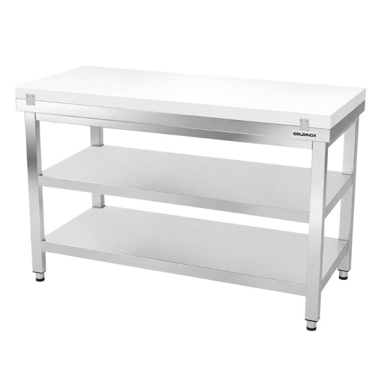 Table de travail en inox 1500x700 mm avec plaque de découpe blanche et 2 étagères PREMIUM - GOLDINOX - gris inox 3701770840250_0