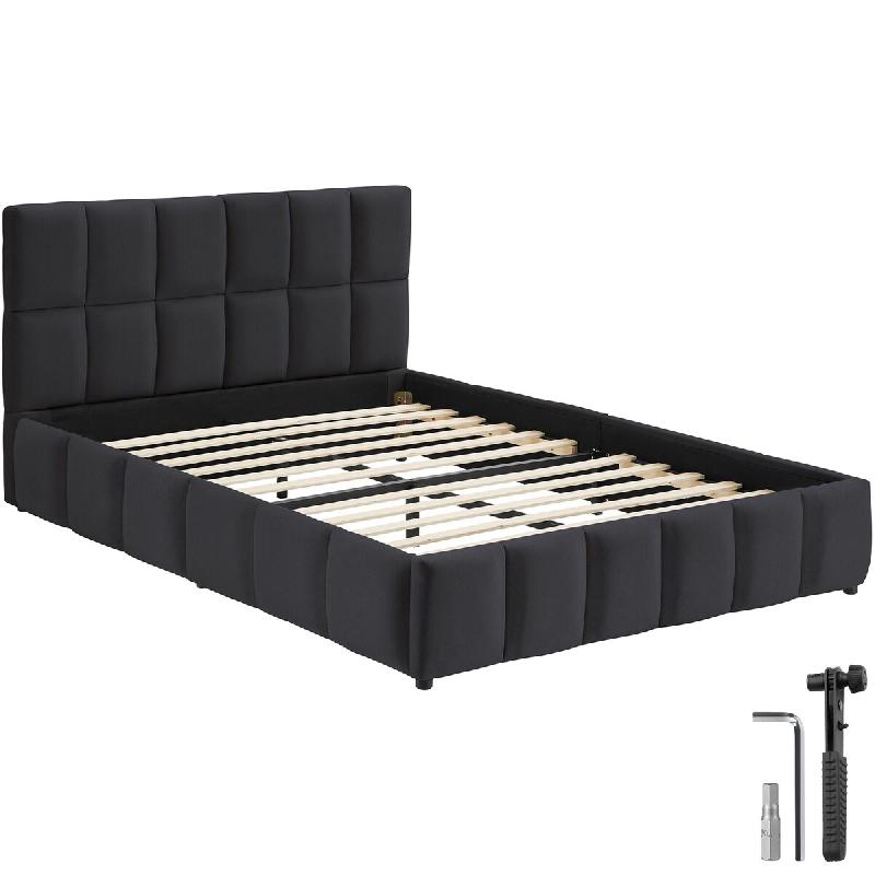 TecTake GmbH tectake lit rembourré Shirley, sommier à lattes intégré, capacité 250 kg, 153x220x93 cm, velours noir - noir Bois manufacturé 406498_0