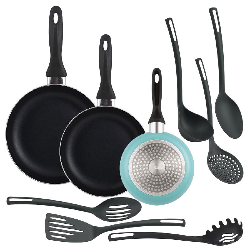 WellHome - Jeu de 3 Poêles Ø16/20/24cm en Aluminium Pressé Coloris Bleu Mat avec Jeu de 6 Ustensiles de Cuisine en PBT Noir - multi-matériau PK8214_0