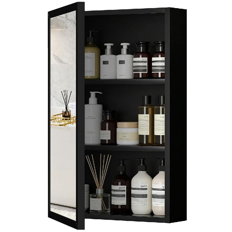 Helloshop26 - Armoire miroir salle de bain 40 x 12 x 60 cm rangement gain de place 2 étagères contemporain en acier inoxydable noir 21_0001939 - noi_0