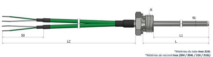 Thermocouple à visser - Raccord fixe avec câble de prolongation (Duplex) - Types K, N, J, T, E, R, S, B - Classe 1 ou 2 - Différents raccords et câbles disponibles_0