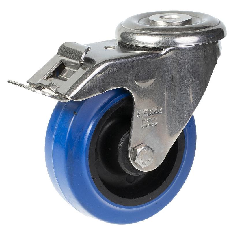 Roulette pivotante/frein de 100 mm en acier inoxydable avec caoutchouc élastique bleu sur centre en nylon_0