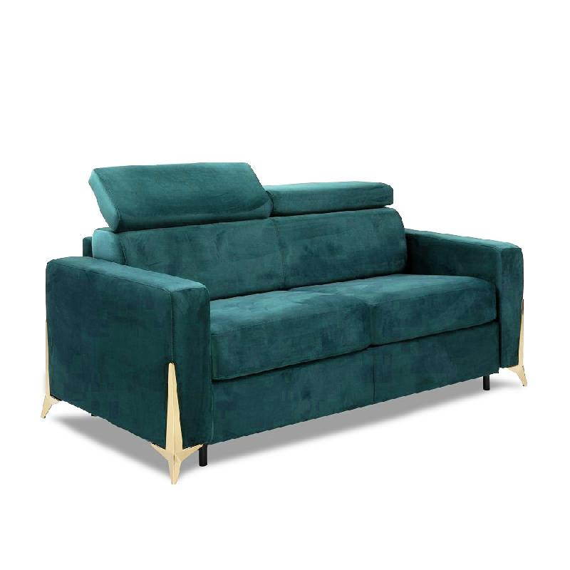 CANAPÉ EXPRESS ODACIO CONVERTIBLE SOMMIER LATTES 140CM TÊTIÈRES RÉGLABLES MATELAS 16CM PIEDS DORÉS VELOURS BLEU VERT MENTHE_0