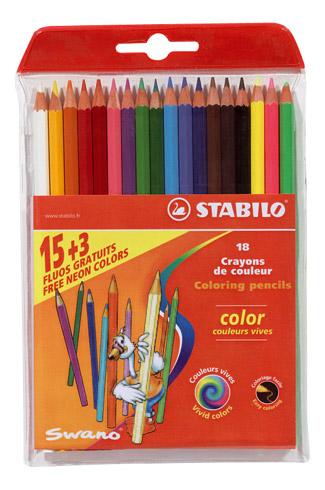 CRAYON DE COULEUR STABILO COLOR COULEURS ASSORTIES DONT 3 FLUOS - POCHETTE DE 18