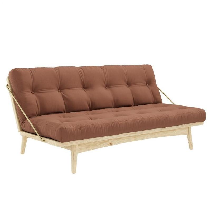 BANQUETTE FUTON FOLK EN PIN MASSIF COLORIS BRUN ARGILE COUCHAGE 130 X 190 CM._0