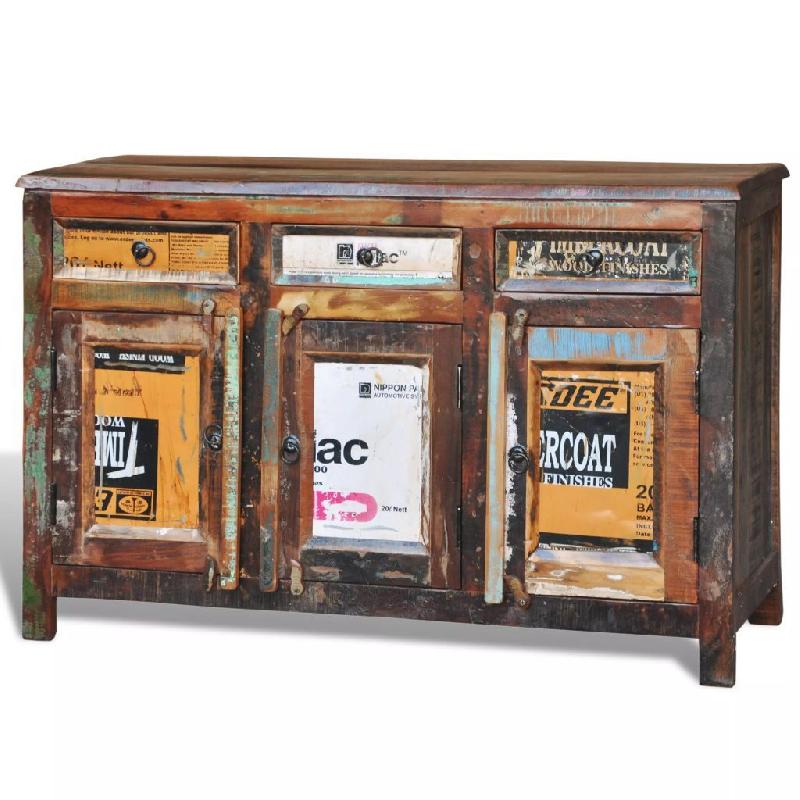 Buffet vintage en bois massif de récupération - 3 tiroirs, 3 portes, style antique - Réf. 4402192_0