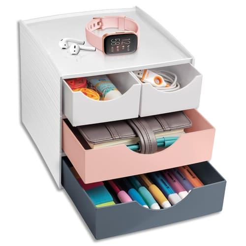 Cep bloc de rangement MyCube - 3 tiroirs interchangeables, 4 compartiments - 18,6x17,5x18,5 cm - Blanc/Rose/Gris - Polystyrène 100% recyclable_0