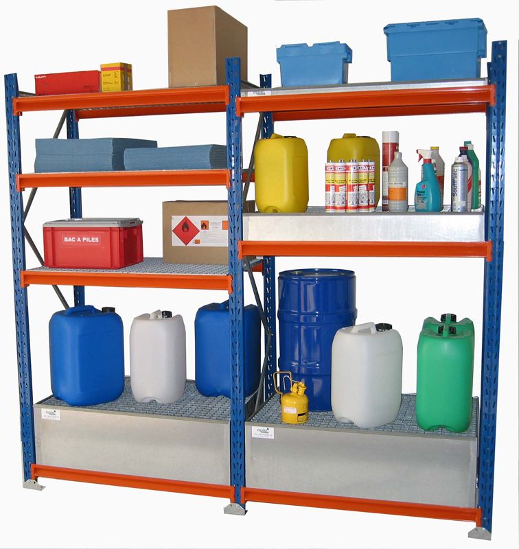 Rayonnage de rétention pour petits bidons ou flaconnage - Stockage sur 3 à 4 niveaux réglables en hauteur_1