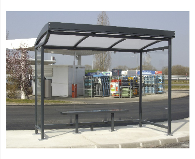 Abri bus new grand lieu / structure en acier / bardage en verre sécurit / avec banquette / 400 x 160 cm_0