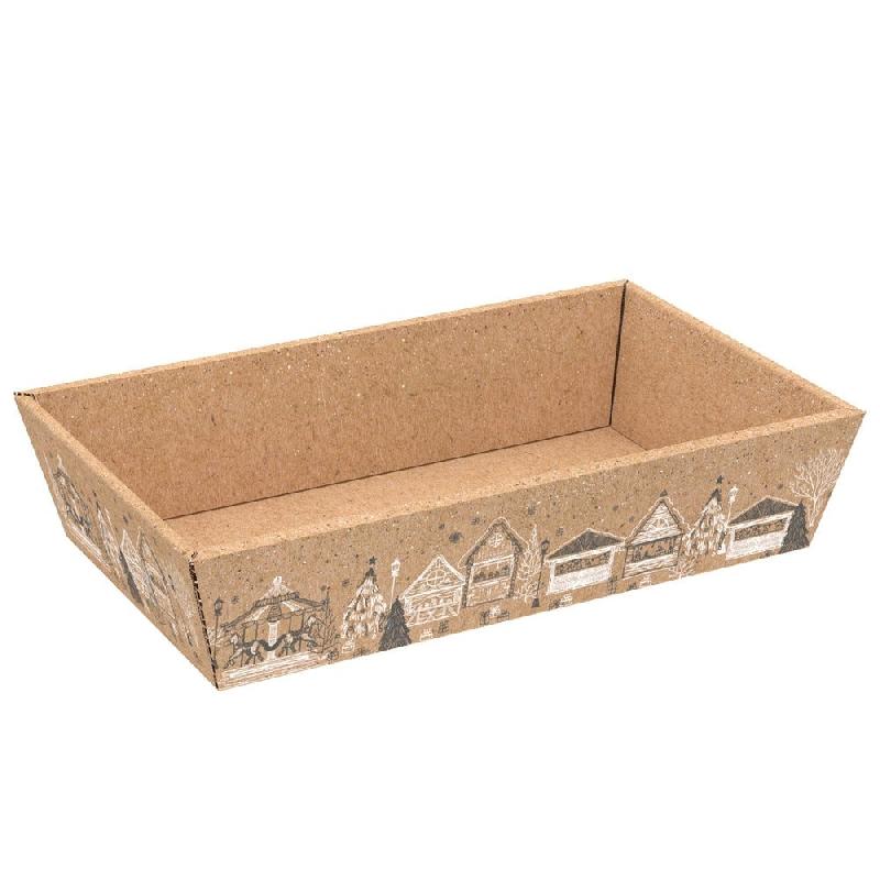 Corbeille Noël carton kraft rectangle maisons gris/blanc 34x21x7,3cm - par 50_0