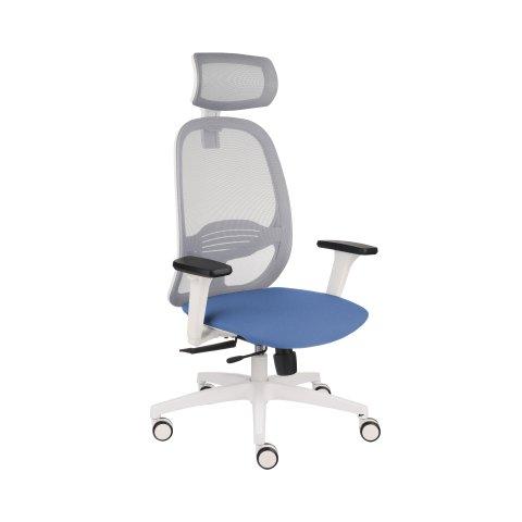 FAUTEUIL DE BUREAU ERGONOMIQUE NODI, TISSU ET MAILLE, AVEC ACCOUDOIRS 3D ET APPUI-TÊTE, MÉCANISME SYNCHRONE, PIEDS BLANCS - BLEU