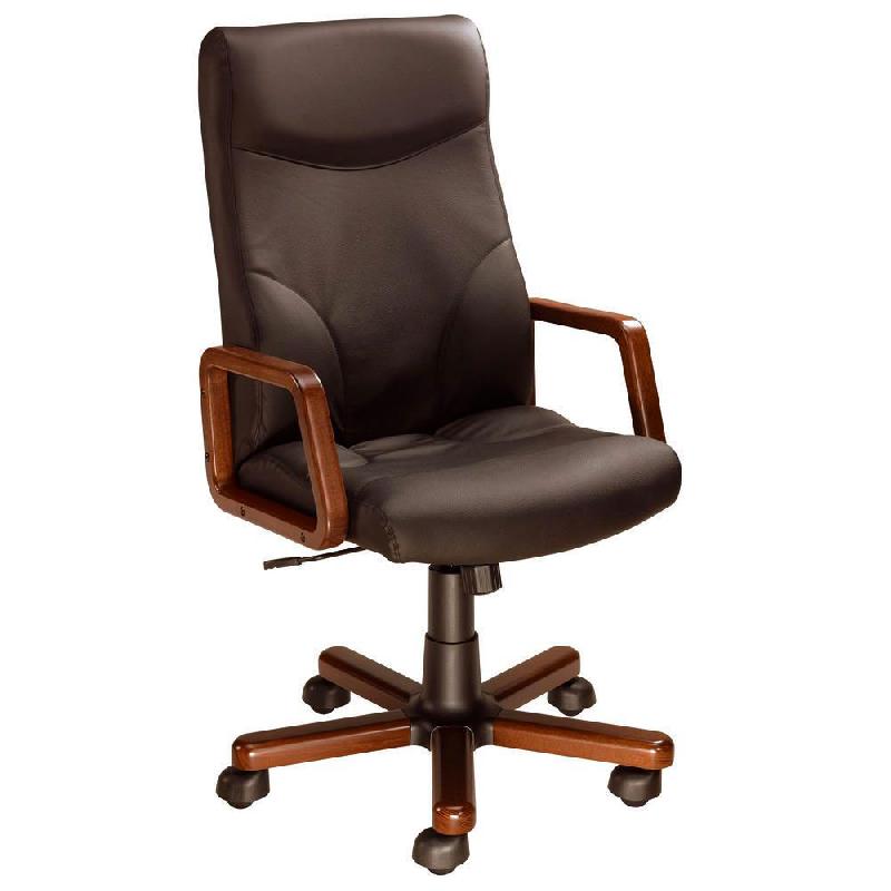 FAUTEUIL DIRECTION LAUREAT BOIS - CROÛTE DE CUIR - DOSSIER NOIR H. 70 CM - ASSISE NOIR - PIEDS BOIS