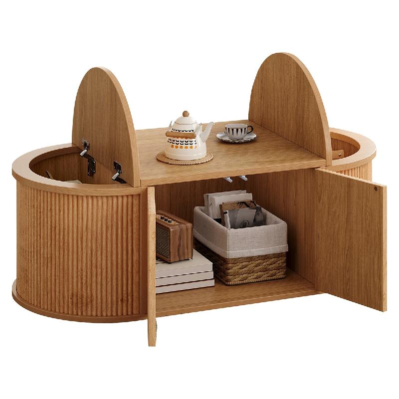 Merax Table basse ovale 100 x 50 x 35 cm avec 4 portes, 3 rangements séparés et fermeture aimantée, coloris bois naturel - Bois manufacturé N625P5_0