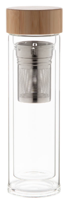 Thermos en verre borosilicate - double paroi - infuseur à thé - couvercle en bambou - 420 ml_0