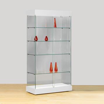 Vitrine d'exposition Onyx - Blanc - Verre ESG - 4 tablettes fixes - Éclairage halogène 50 W - 2 portes coulissantes avec serrure_0
