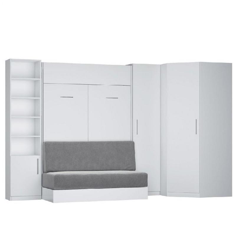 COMPOSITION LIT ESCAMOTABLE BLANC MAT DYNAMO SOFA CANAPÉ  GRIS COUCHAGE 140 X 200 CM 2 COLONNES RANGEMENT + ANGLE_0