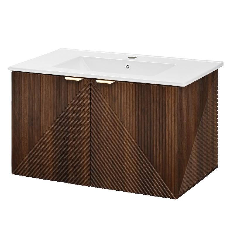 Merax Meuble sous-vasque suspendu 81 x 47 x 48 cm avec vasque en céramique, tiroir, 2 portes et poignées dorées, coloris noyer - marron multi-maté_0