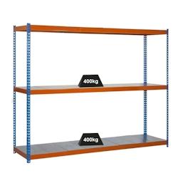 PROREGAL Étagère pour charges lourdes MID METAL YETI THREE | HxLxP 150x150x75cm | Charge du compartiment 400kg | Bleu-orange - gris métal PR_RS144-22_0