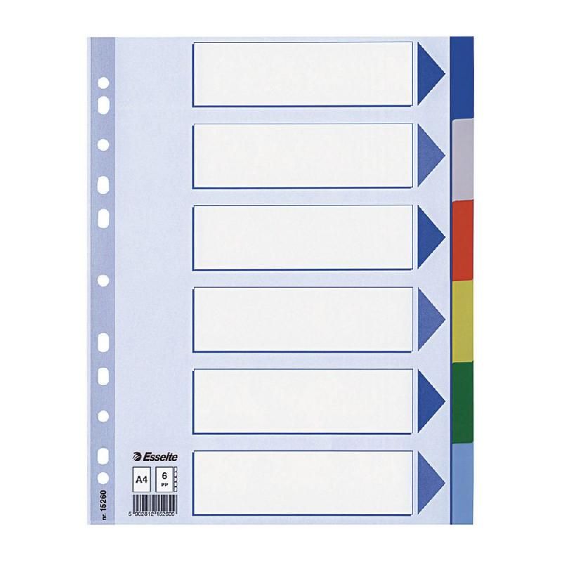 ESSELTE JEU D'INTERCALAIRES A4 COULEUR ESSELTE - EN POLYPROPYLÈNE 11,5/100° - 6 TOUCHES (PRIX À L'UNITÉ)