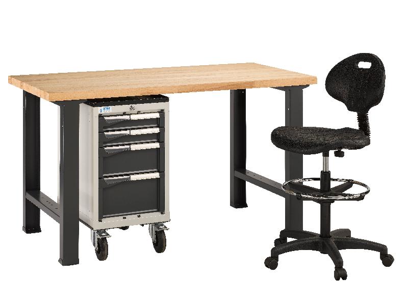 Établi d'atelier Alpa hêtre l.1500mm - pieds en métal gris anthracite + servante Novalp 4 tiroirs + siège_0