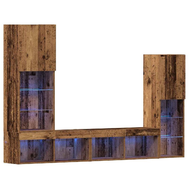 Helloshop26 - Meuble TV mural moderne 190,5 x 30 x 132 cm avec étagères LED ambiance cosy en bois d'ingénierie ancien 02_0055927 - Bois massif 3000_0