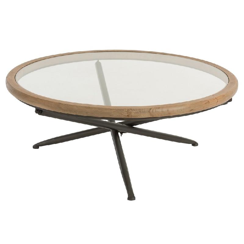 Table basse ronde SHON - plateau en verre, bois marron, piétement métal noir - dimensions L100 x H40 x P100 cm_0