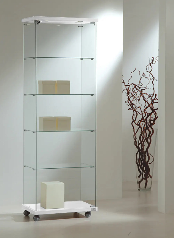 Vitrine tout verre élégante 6/18LEVA - blanc - 4 tablettes amovibles - porte avec serrure - socle bois_0
