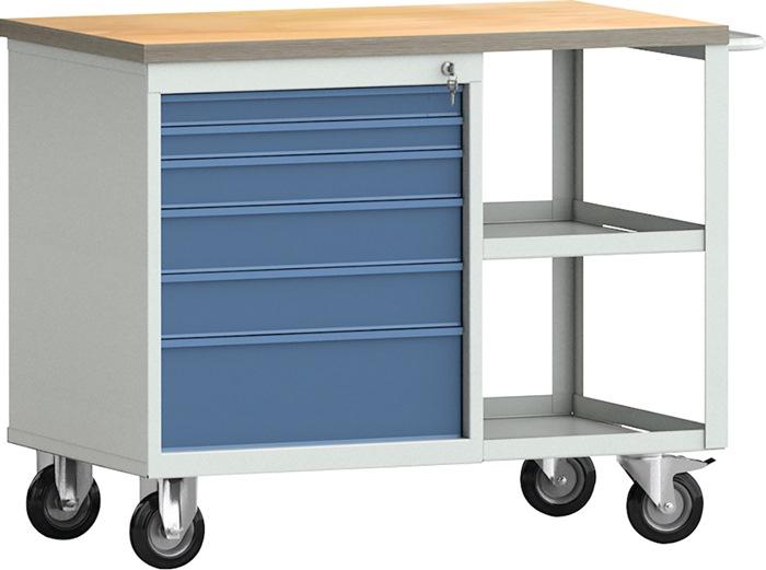 Établi PW 700 l.1000xP620xH805 mm hêtre Multiplex gris clair, RAL 7035 bleu brill., RAL 5007 6 tiroirs KLW-LUTZ BETRIEBSEINRICHTUNGEN_0