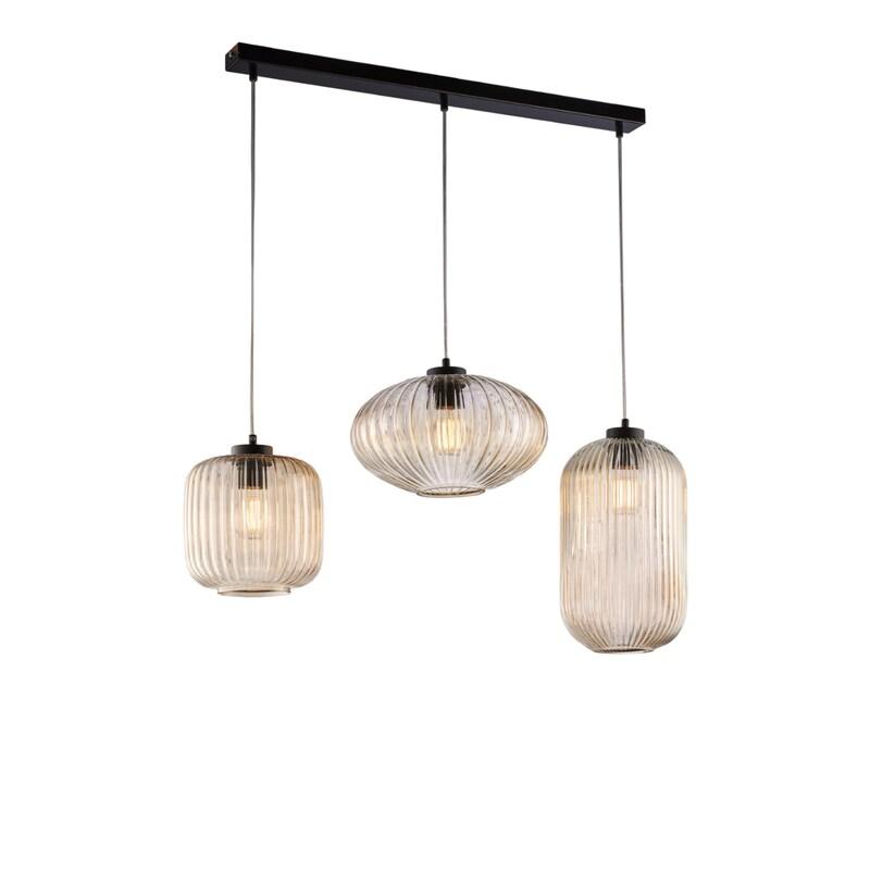 BeLight Rail Glamour Noir, Câbles Réglables, Verre Soufflé Ambré Décor Rayé, 3 Lumières, Style Contemporain Chaleureux - orange 8057724580839_0
