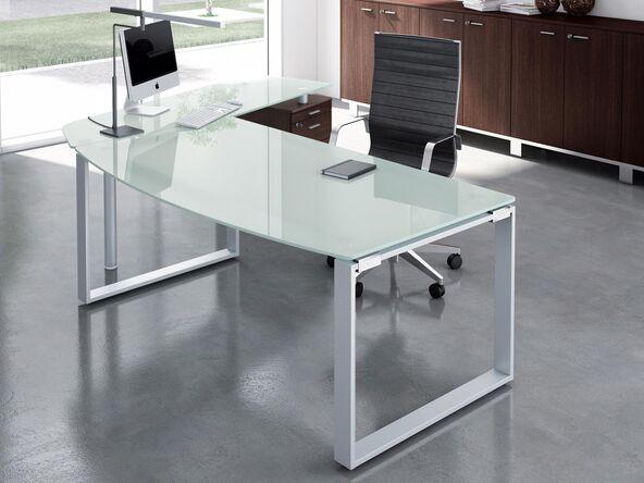 Bureau de direction en verre Corpus Silver avec retour et caisson plateau en verre_0