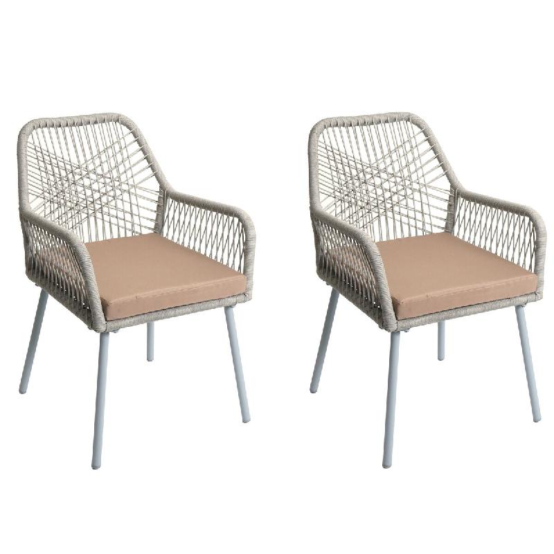 Décoshop26 - Lot de 2 chaises de jardin motif graphique aéré en aluminium gris corde tressée et coussins taupe inclus 04_0009693 - gris aluminium_0