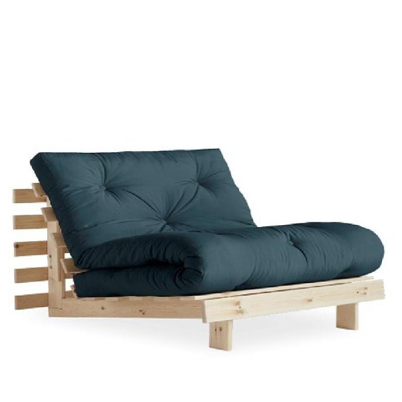 FAUTEUIL CONVERTIBLE FUTON ROOTS PIN NATUREL COLORIS BLEU PÉTROLE COUCHAGE 90 X 200 CM._0