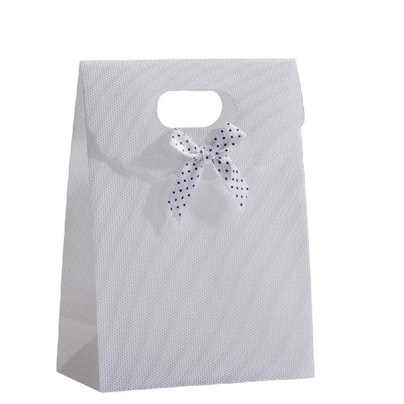 Pochette cadeau blanc intissé avec noeud à pois - L19xP8xH26cm - par 10_0