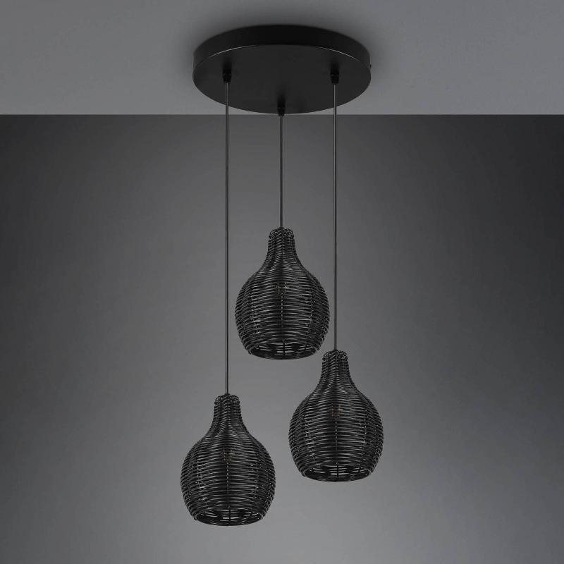 REALITY LEUCHTEN SUSPENSION SPROUT EN ROTIN, À 3 LAMPES, NOIRE