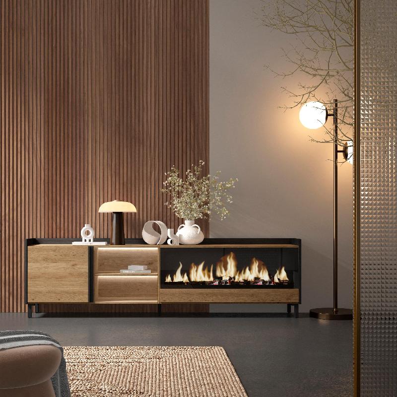 SKRAUT HOME - MEUBLE TV EFFET BOIS DE CHÊNE ET NOIR 212X35X61CM CHEMINÉE EFFET FEU