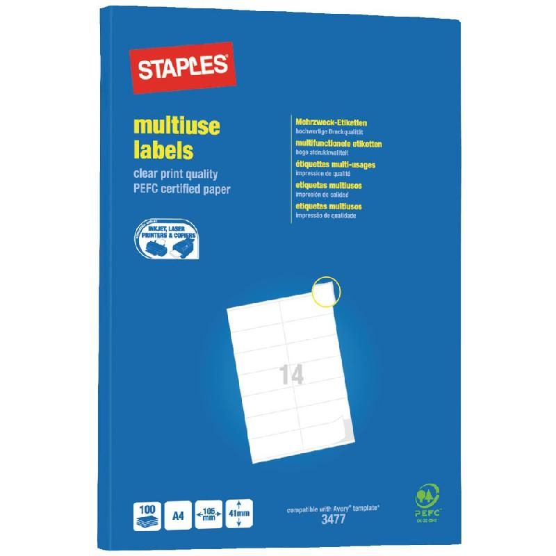 STAPLES ETIQUETTE MULTI-USAGES BLANCHE - STAPLES - 41 X 105 MM - BOÎTE DE 1400 ÉTIQUETTES