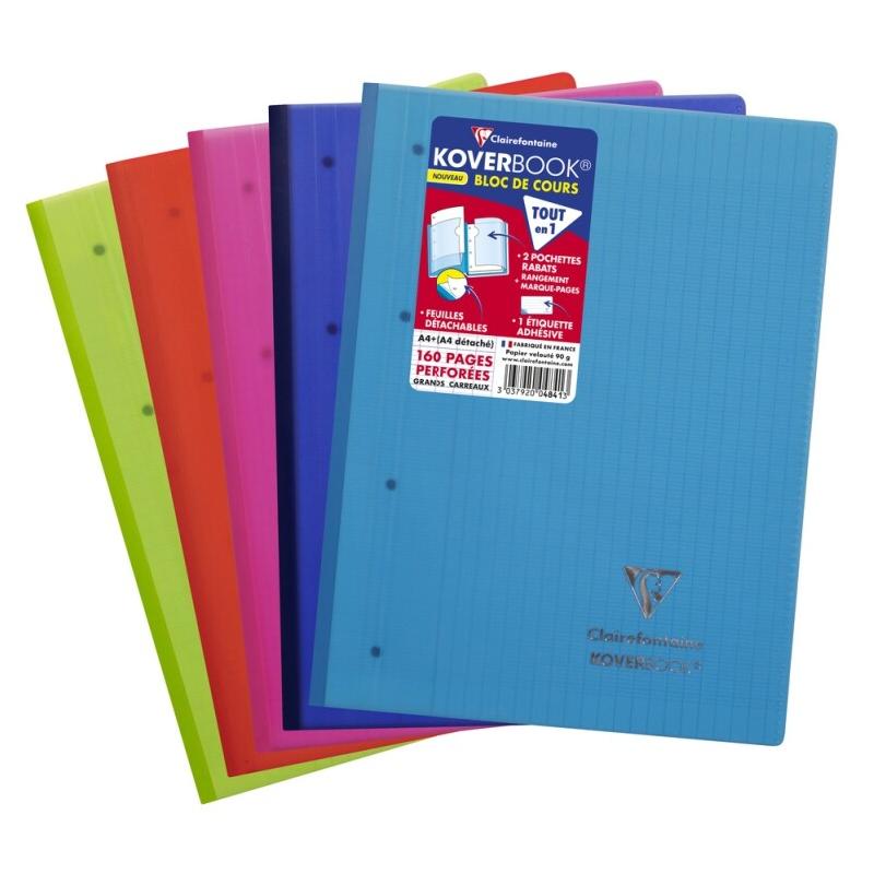 Clairefontaine Lot de 5 Bloc feuillets Kover Book A4+, 80 feuilles perforées micro-perforées 90 g/m², coloris blanc, couv. Assorties, Séyès - 303_0