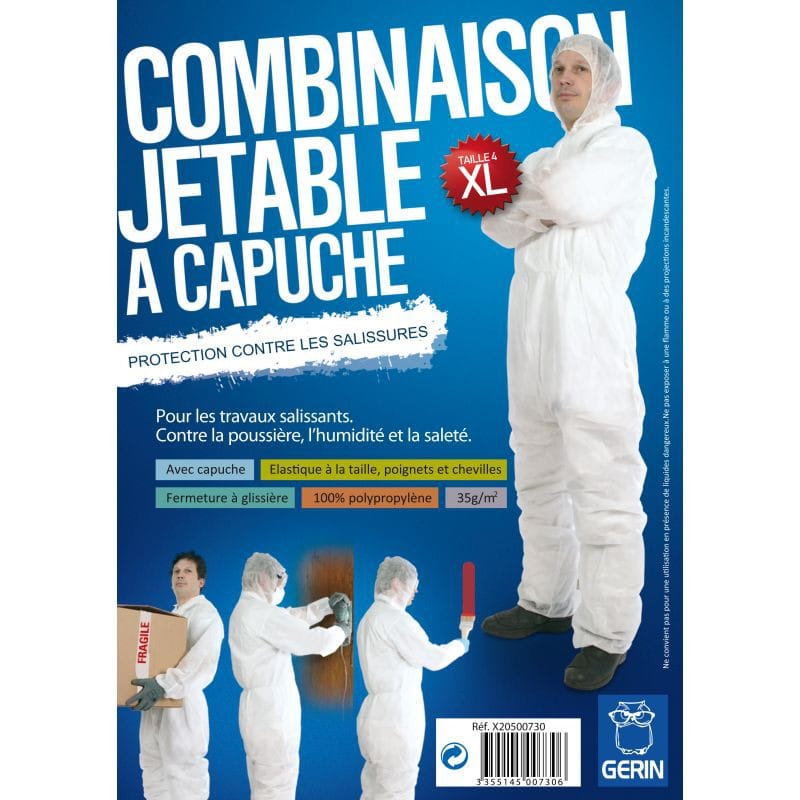 Combinaisons jetables blanches à capuche - Gerin - Taille XL - 35g/m² - Réf. 92004122_0