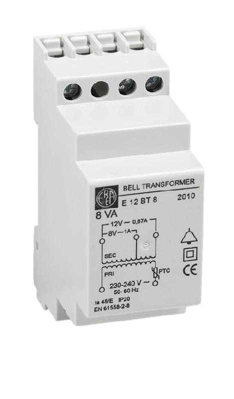 Transformateur basse tension E 12BT8 - Modulaire 2 modules - 8VA - IP20 - Upri 0-230V - Usec 0-8-24V_0