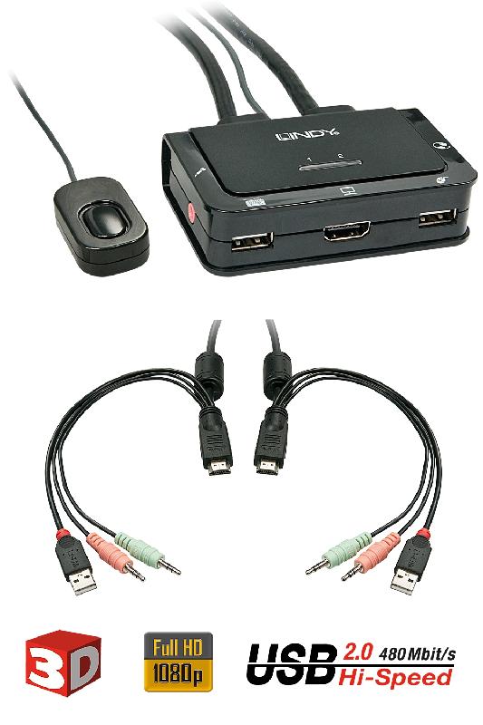 Commutateur KVM HDMI compact 2 ports USB 2.0 audio - Lindy 42340 - Compatible PC/Mac_0