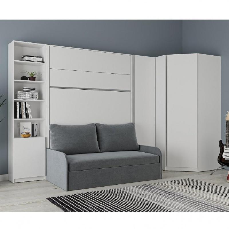 Composition d'angle - Lit escamotable BERMUDES SOFA 160x200 cm - Blanc mat avec canapé en microfibre gris_0