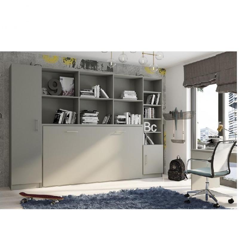 Armoire lit escamotable horizontale STRADA-V2 gris graphite mat - Couchage 90x200 cm avec surmeuble et 2 colonnes de rangement_0
