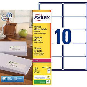Avery LR7173 Etiquettes adresses recyclées blanches 99,1 x 57 mm pour imprimante laser -100 feuilles A4 - 1000 étiquettes par boîte_0