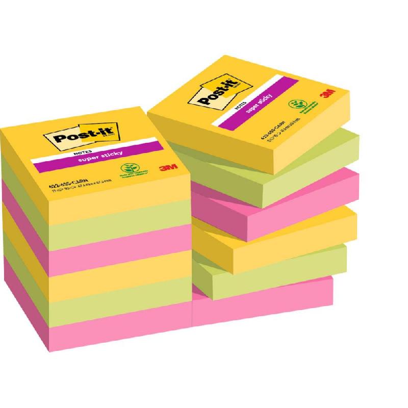 NOTES REPOSITIONNABLES POST-IT SUPER STICKY CARNIVAL 47,6 X 47,6 MM - COLORIS ASSORTIS - 12 BLOCS DE 90 FEUILLES