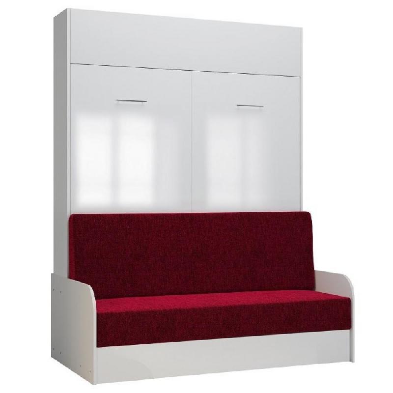 Armoire lit escamotable Dynamo Sofa - accoudoirs mélaminés - façade blanc brillant - canapé rouge - couchage 140x200 cm_0