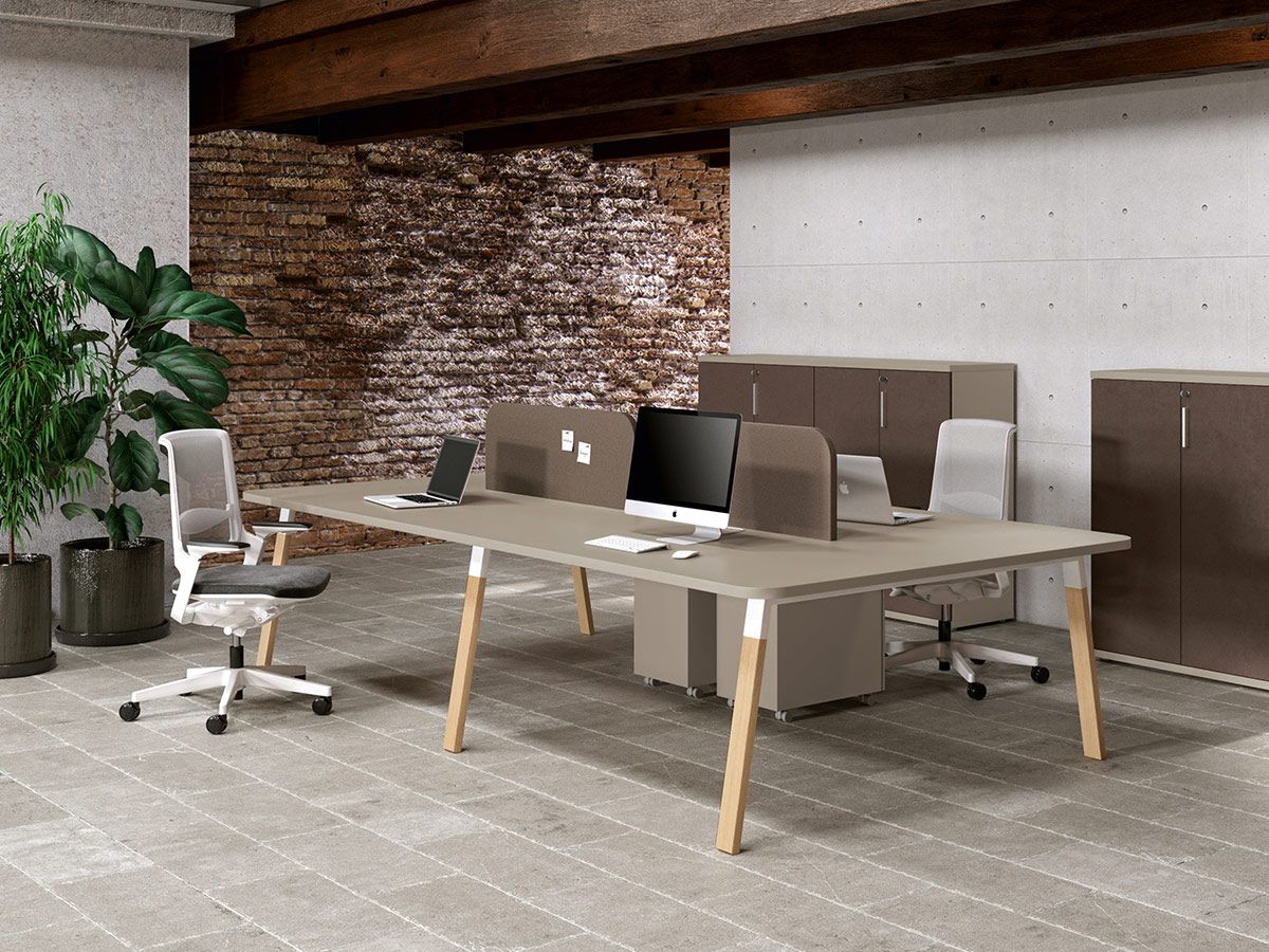 Bureau de coworking 4 personnes KELSO WOOD - bois massif et métal - plateau finition noisette_0