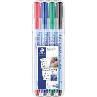 Staedtler Lumocolor Correctable, Feutres non-permanents à pointe fine effaçables à sec, Étui chevalet avec 4 feutres assortis, 305F WP4-1, Bariol�_0