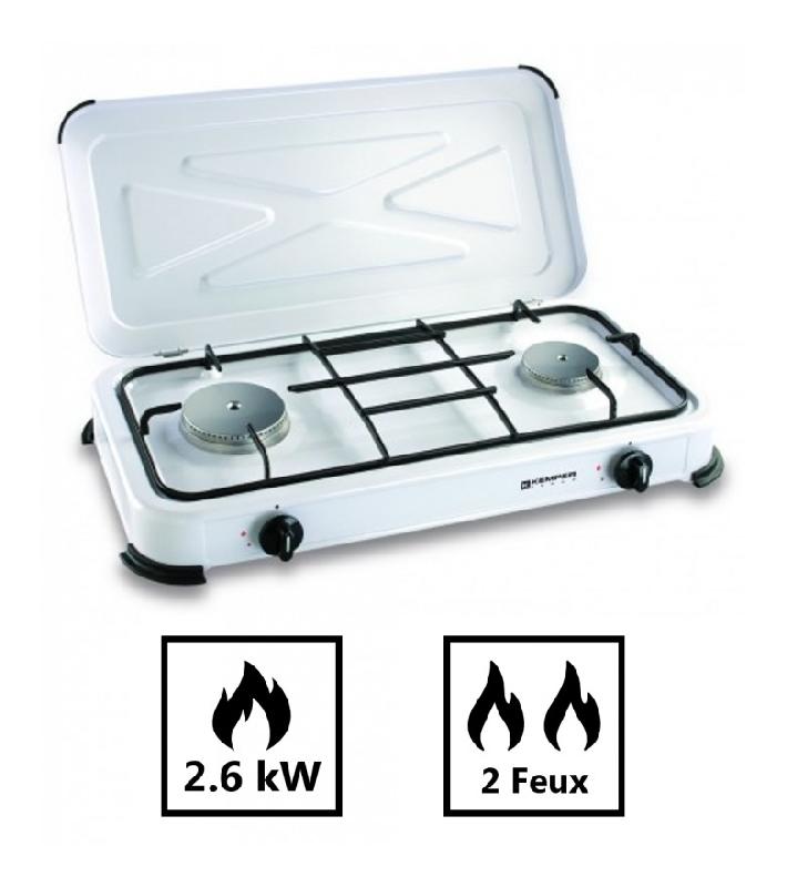 PLAQUE DE CUISSON GAZ PORTABLE 2 FEUX 2600 W BLANC LAQUÉ KEMPER